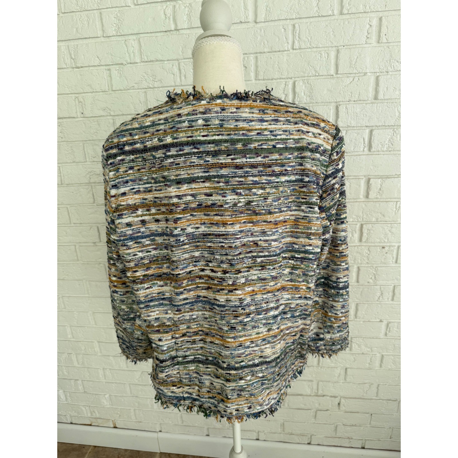 Alfred Dunner Jacket Women 18P Multi Color Excellent Tweed Fringed Open Front