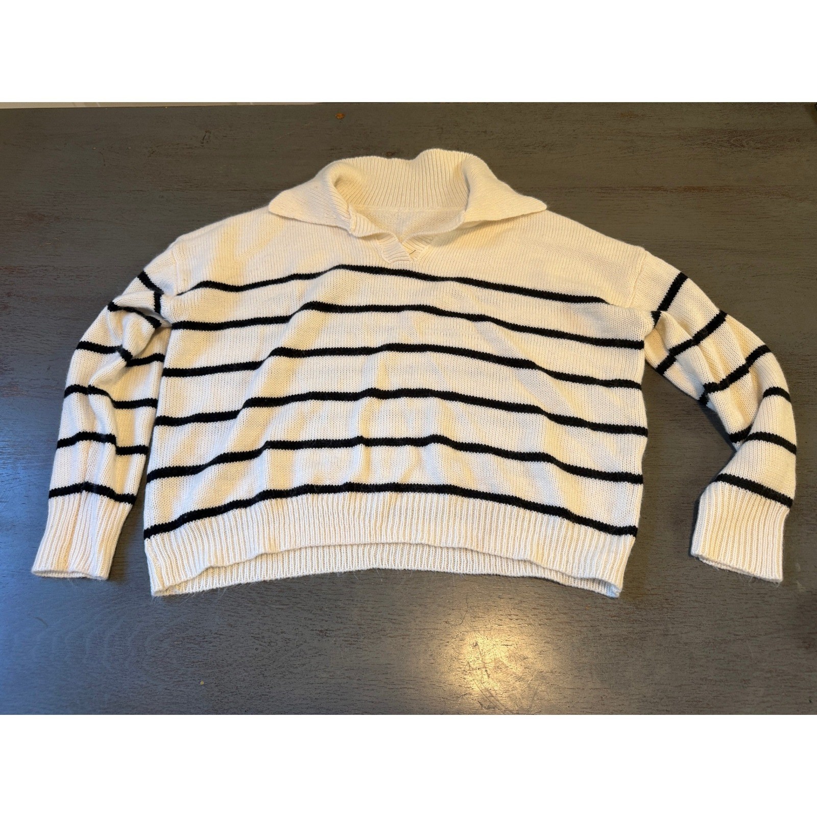 Striped Knit Polo Sweater Cream Black Nautical Ribbed Pullover Medium