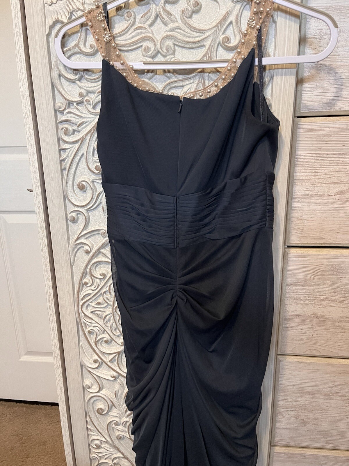 Elegant Full Length Navy Blue Gown Beaded Gala Prom Mother Of The Bride Sz 4
