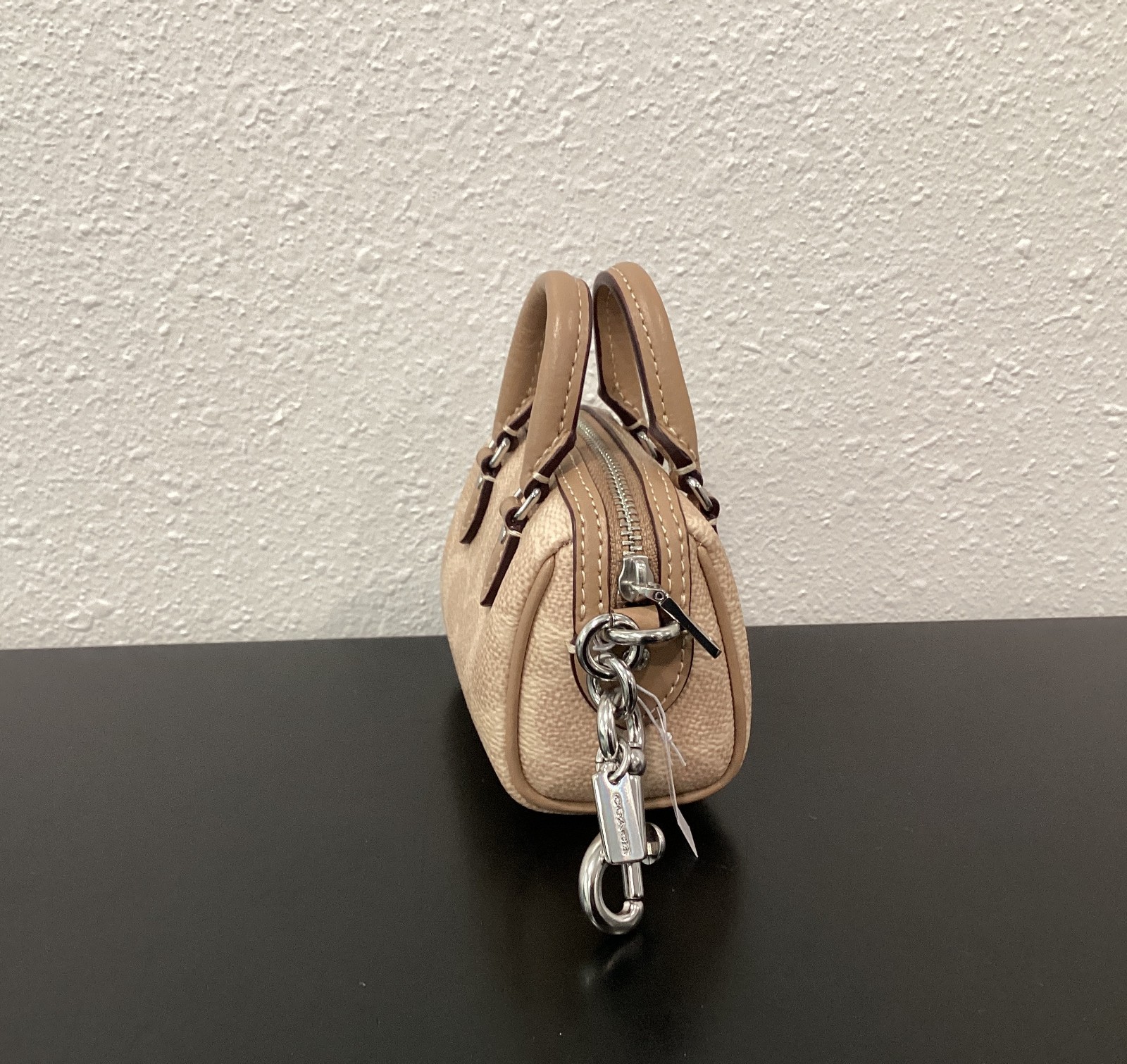 Coach Mini Rowan Bag Charm CX068 Sand Signature Canvas Leather 3.75″x2.5″x2.25″