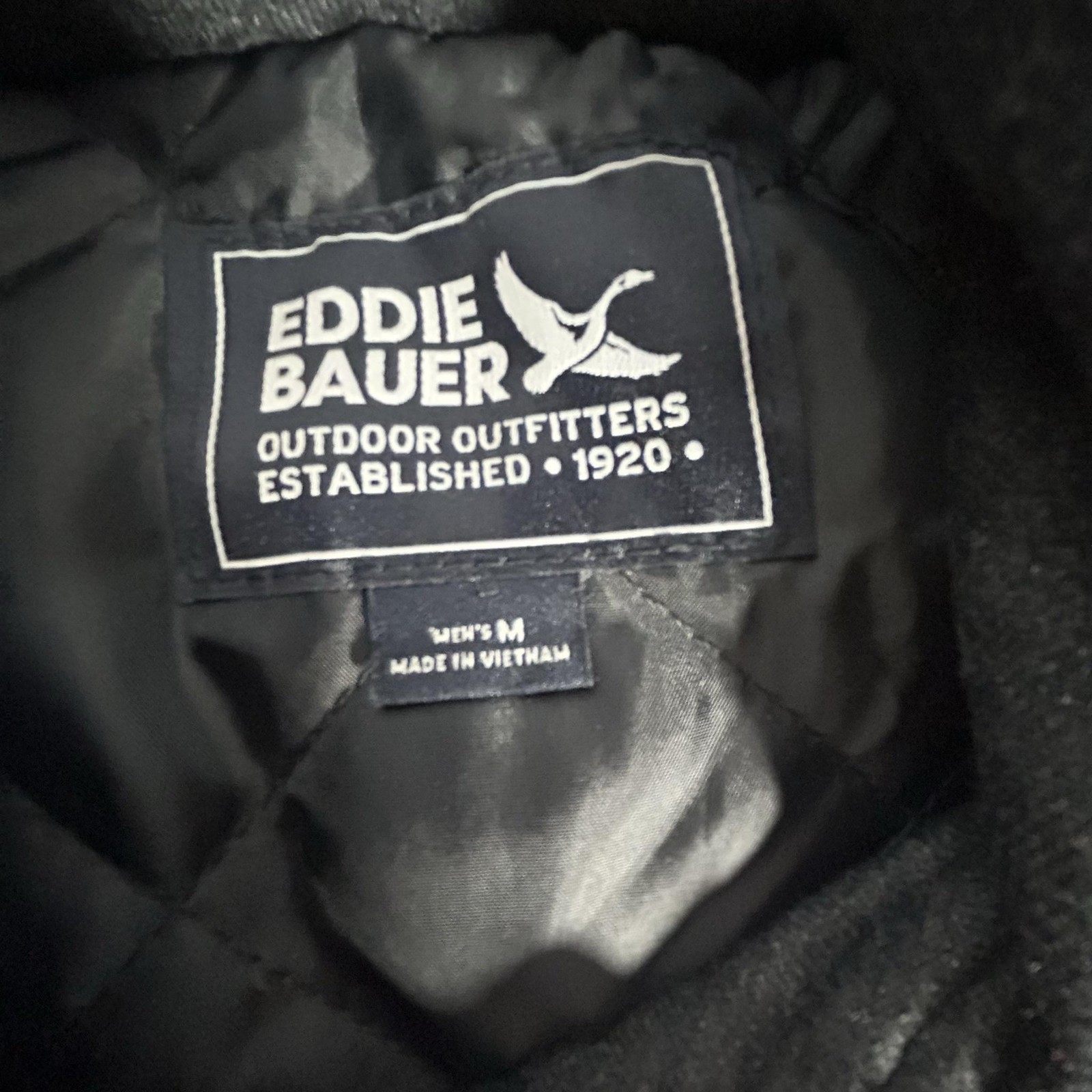 Eddie Bauer Jacket Mens Medium Gray Plaid Quilted Hooded Flannel Lined Coat