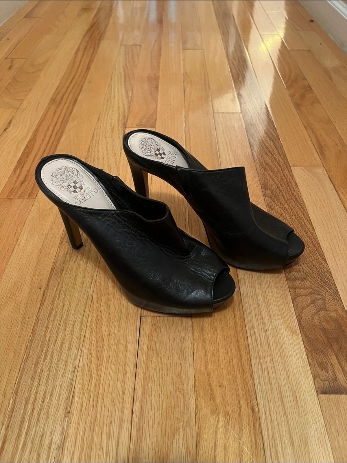 Vince Camuto Black Leather Peep-Toe Slip-On Mules