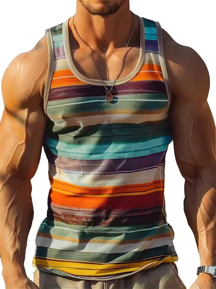 Retro Striped 3D Graphic Tank Top for Men – Sleeveless Quick-Dry Summer Vest