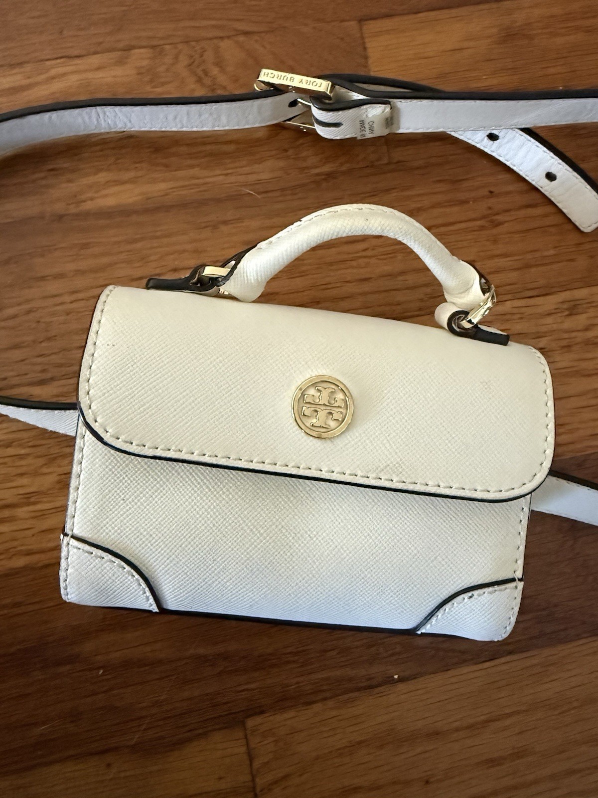 Tory Burch Ivory Mini Belt Bag Top Handle Gold Logo Detachable Strap