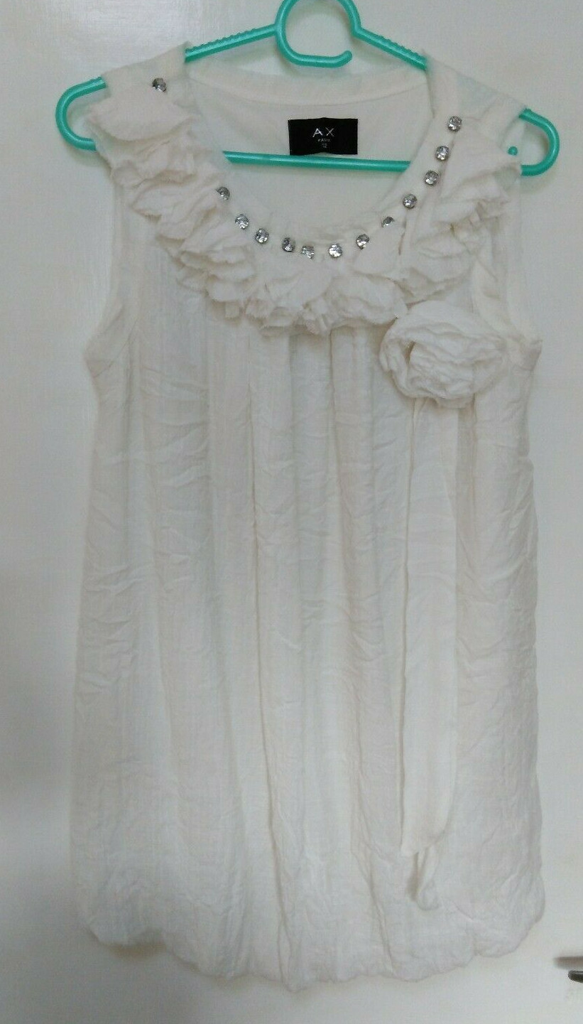 Ax Paris cotton top natural/white Crinkle beaded raw edge neckline lined UK12