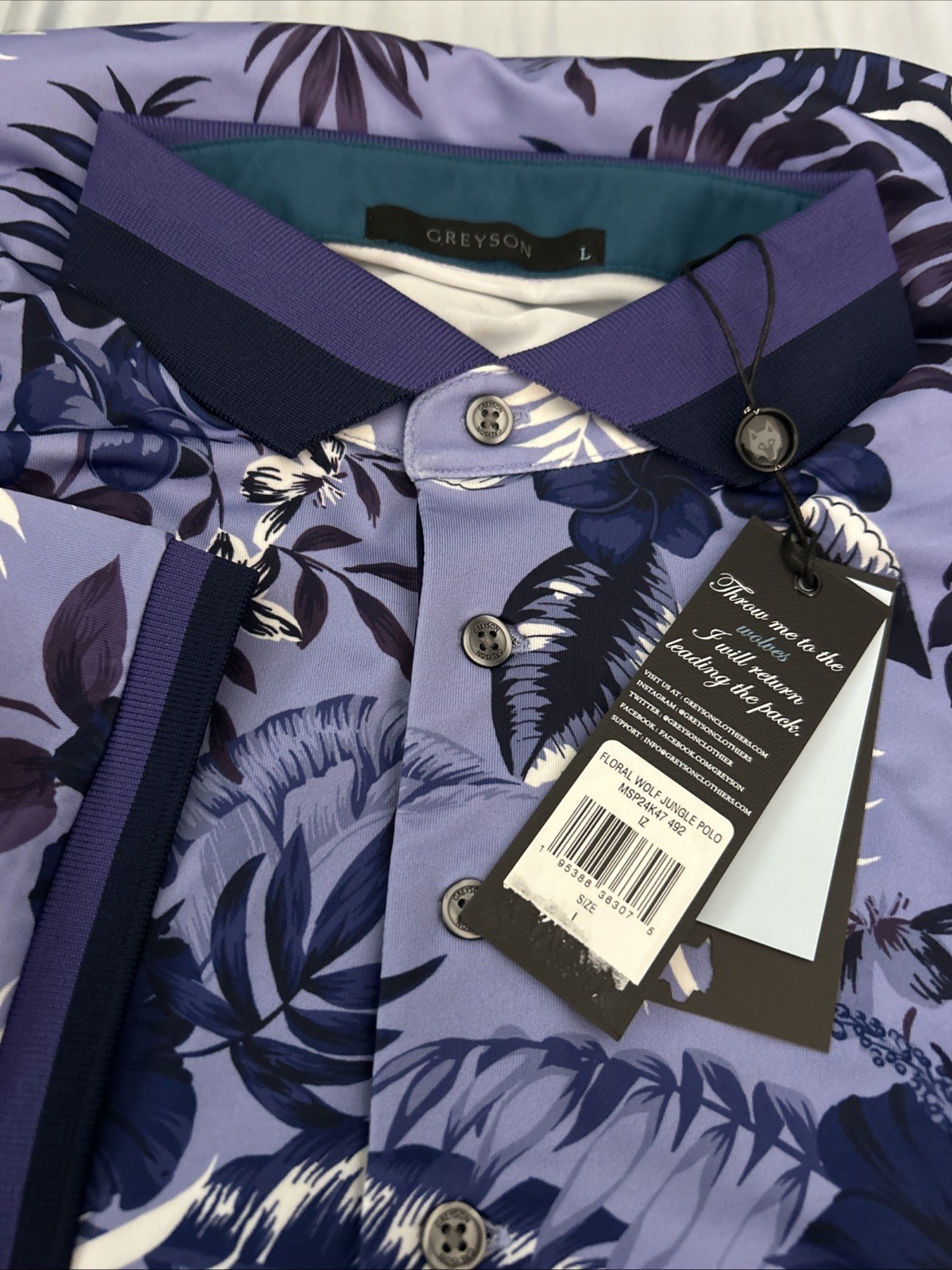 NWT Greyson Floral Wolf Jungle Golf Polo Shirt Arctic Men’s Sz Large Color: IZ