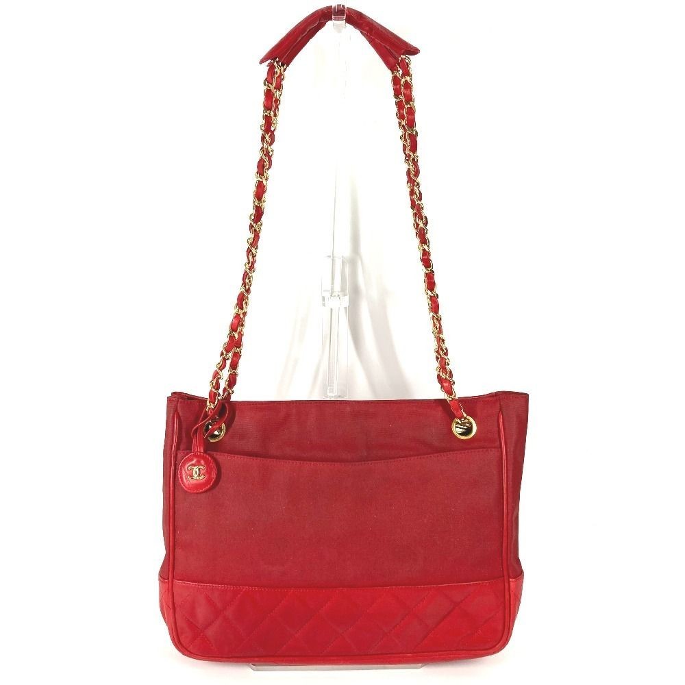Chanel Matelasse Quilted Red Shoulder Bag Coco Mark Logo Used