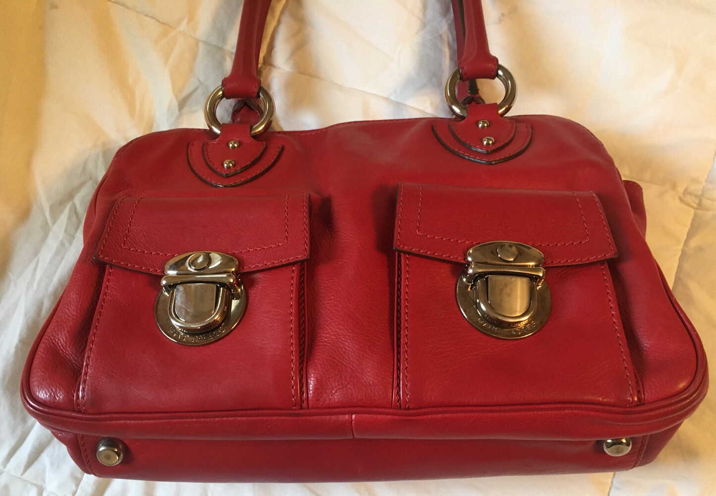 MARC JACOBS Multi-pocket Push Lock Red Leather Satchel Purse Bag