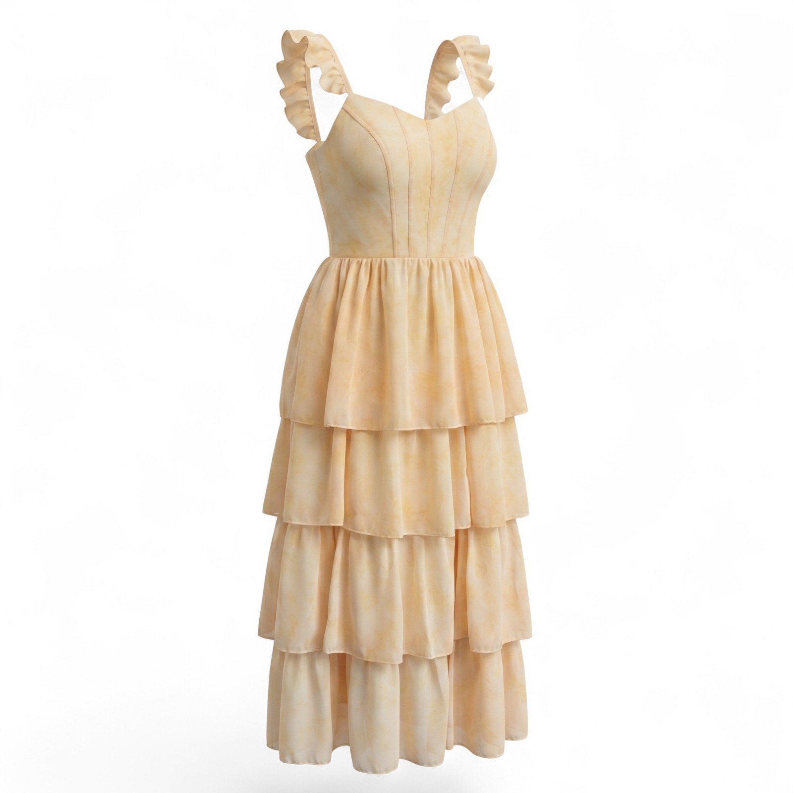 Ao Yan Butter Yellow Tiered Ruffled Maxi Formal Dress Prom Gown NWT Size S