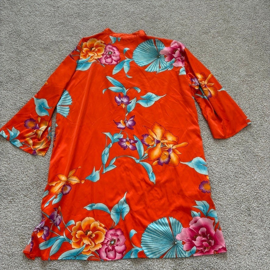 Natori Satin Kimono Caftan Womens XL Orange Floral Tunic Asian Inspired