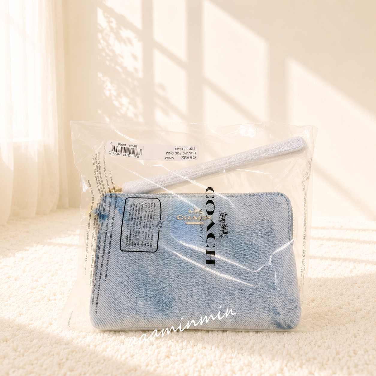 NWT Coach Corner Zip Wristlet In Loved Denim With Charms CEF82-Denim/Gold/Light