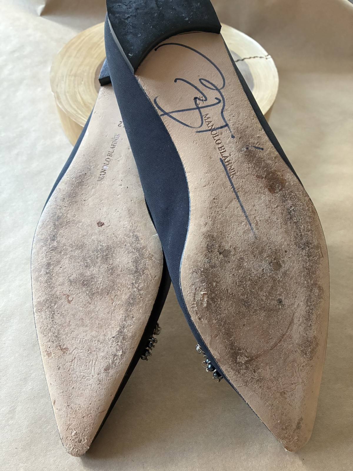 Manolo Blahnik Hangisi Size 42 Black Satin Crystal Embellished Ballet Flats