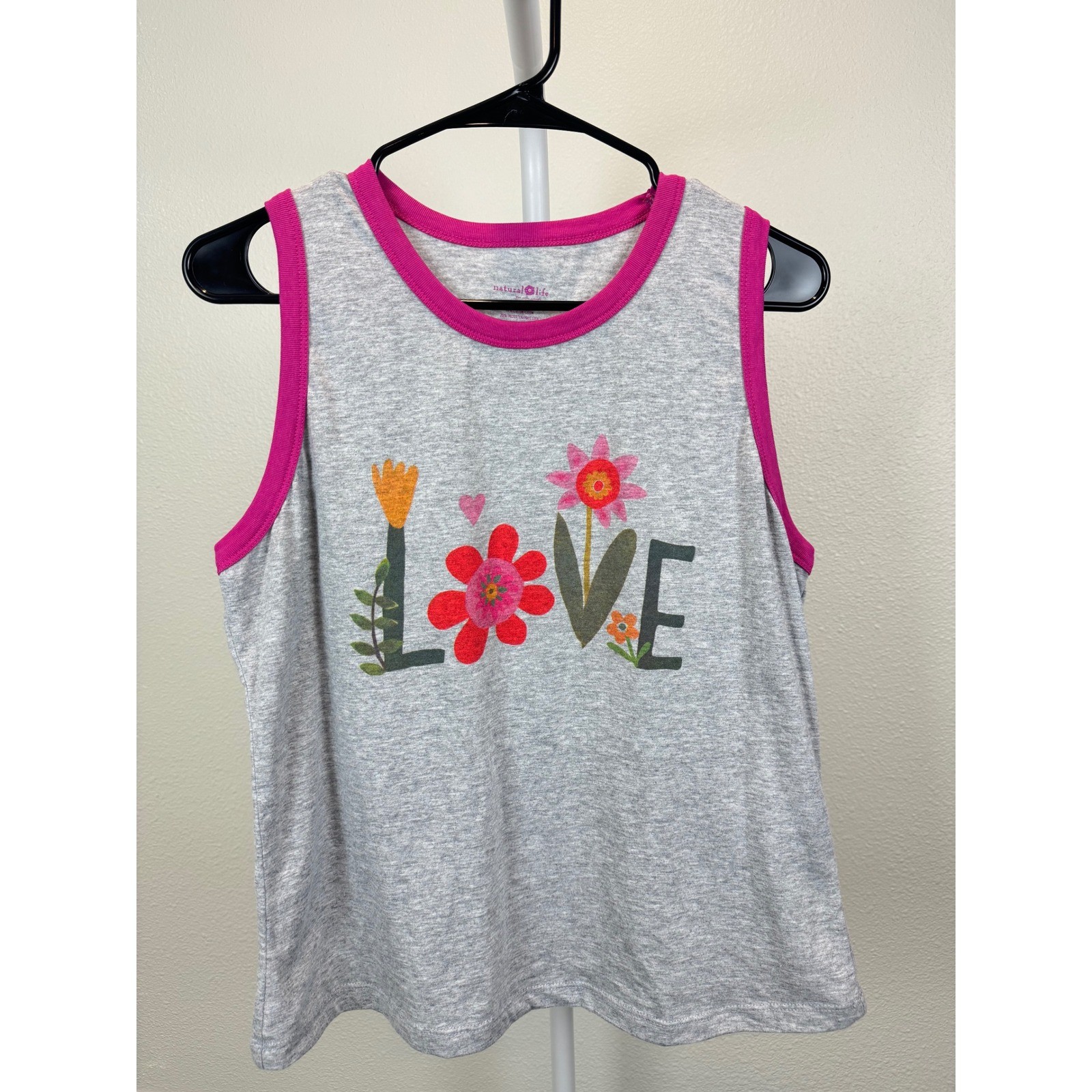 Natural Life Womens XL Gray Pink Love Floral Graphic Sleeveless Tank Top