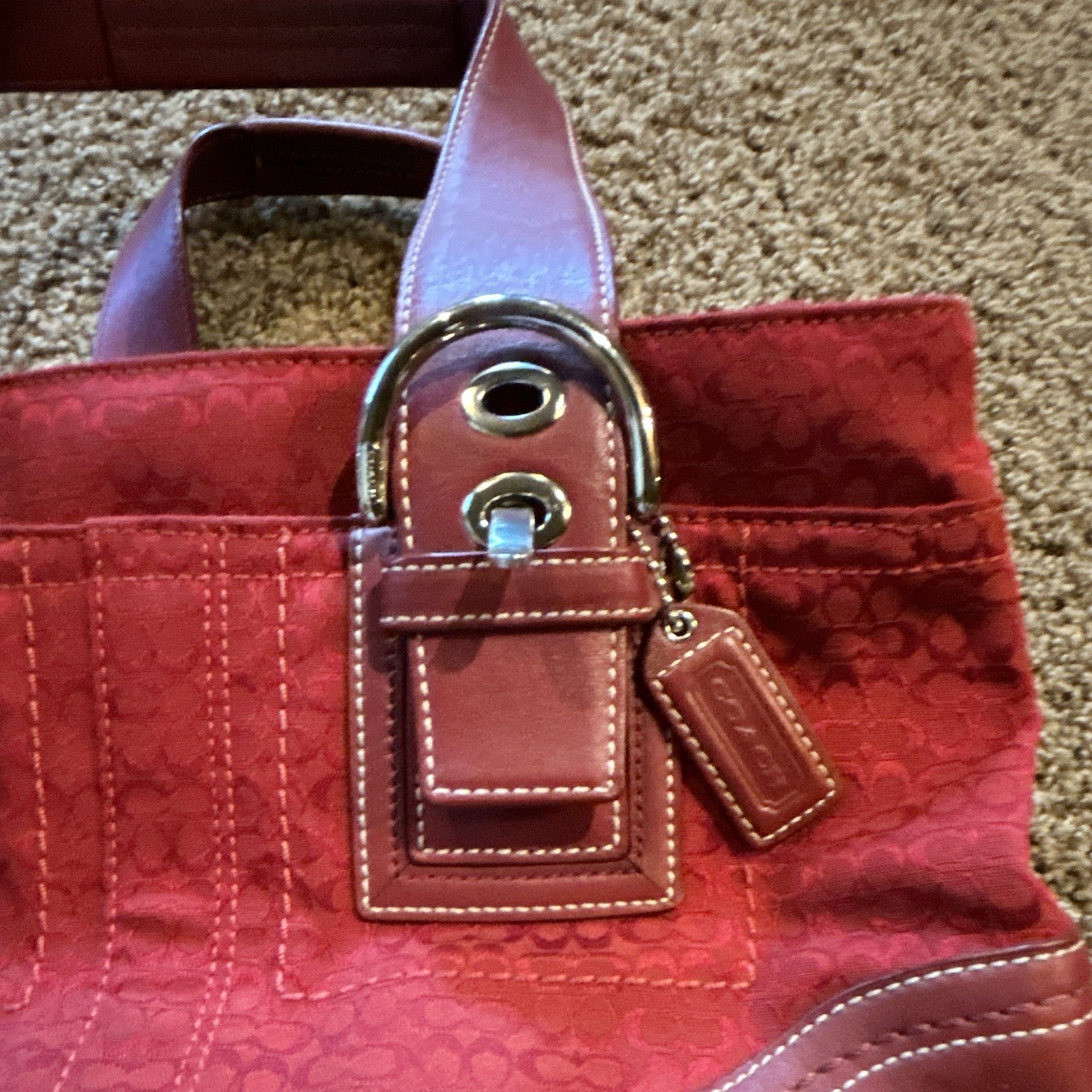 Coach Red Signature Logo Small Satchel Top Handle Purse Double Handles