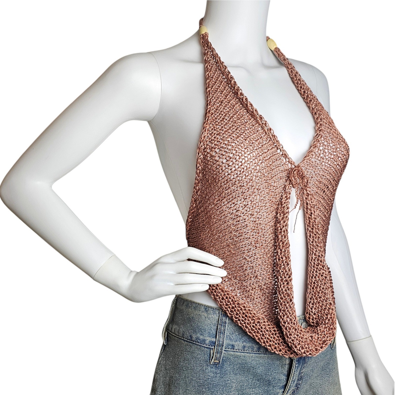 Handmade Knit Halter Top Copper, Bead Accent, Boho Festival Wear