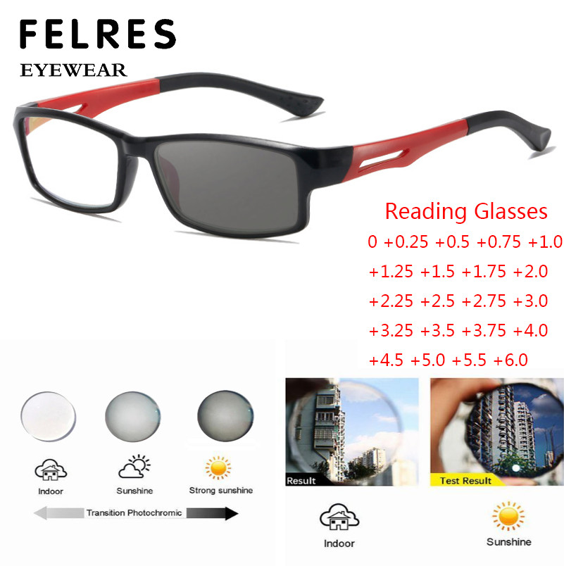 TR90 Square Photochromic Reading Glasses For Men Women Lightweight Sunglasses