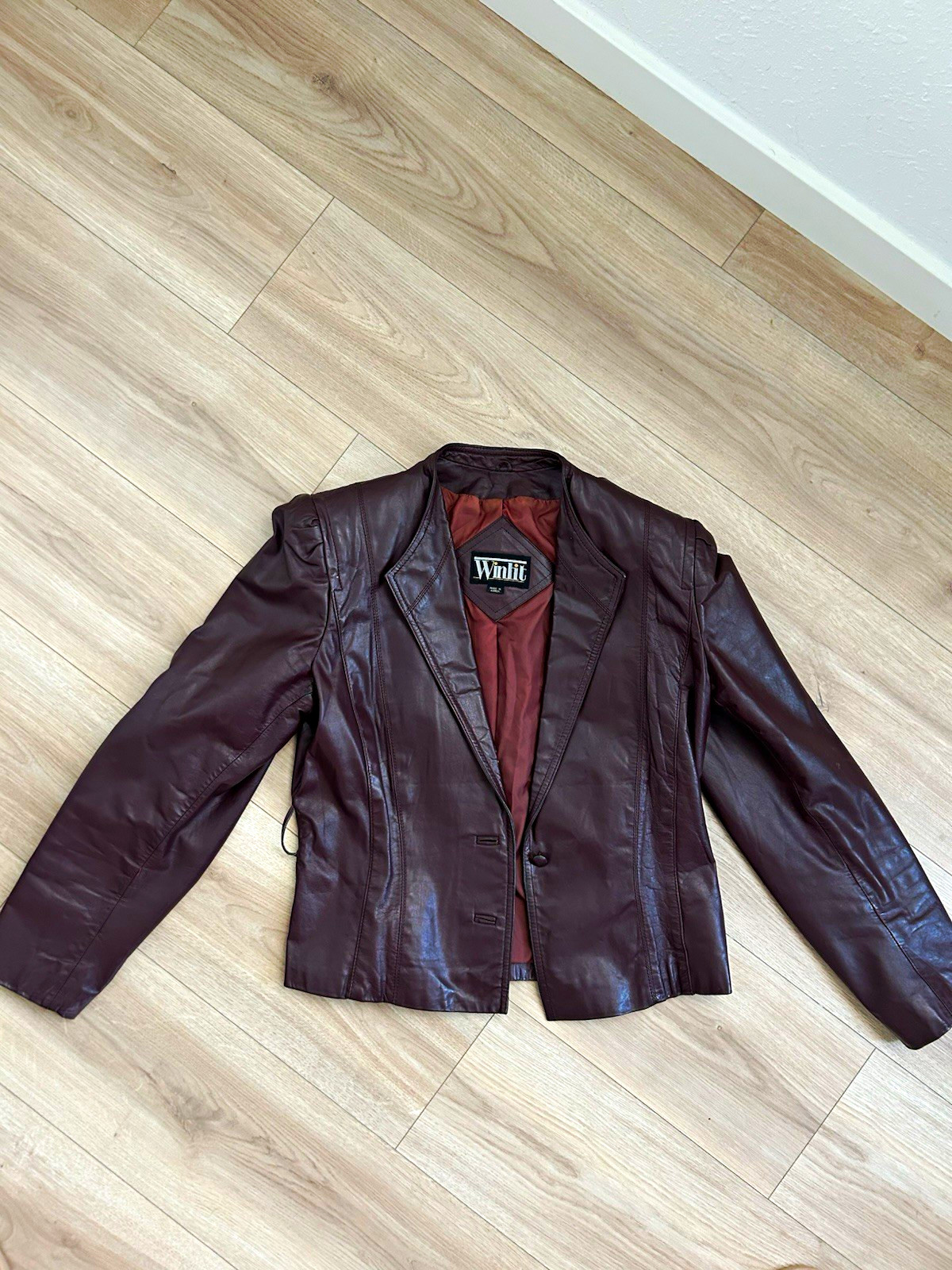 Winlit Brown Leather Blazer Jacket, Button Front Collared Lined, Size 13-14