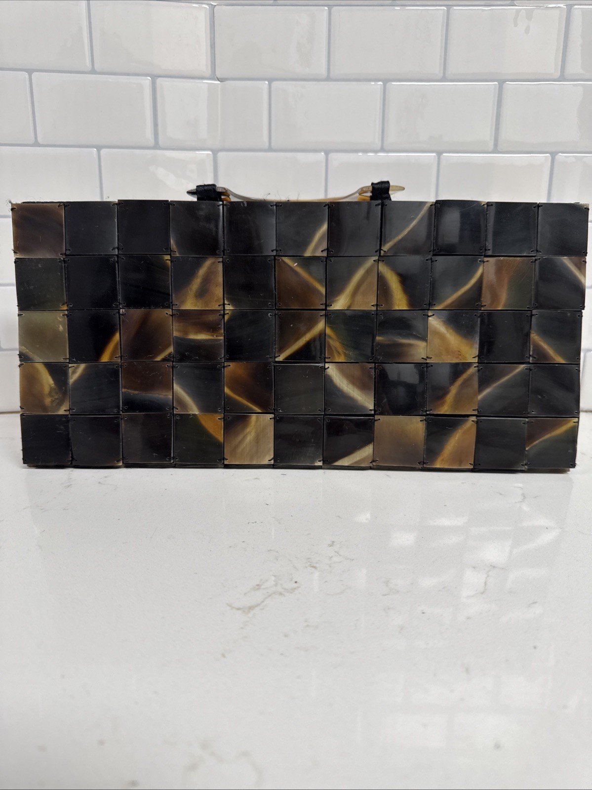 VTG 1970 ~ Lucite ~ Tiled Tiger Eye/ Tortoise Shell Handbag w/Carved Handles