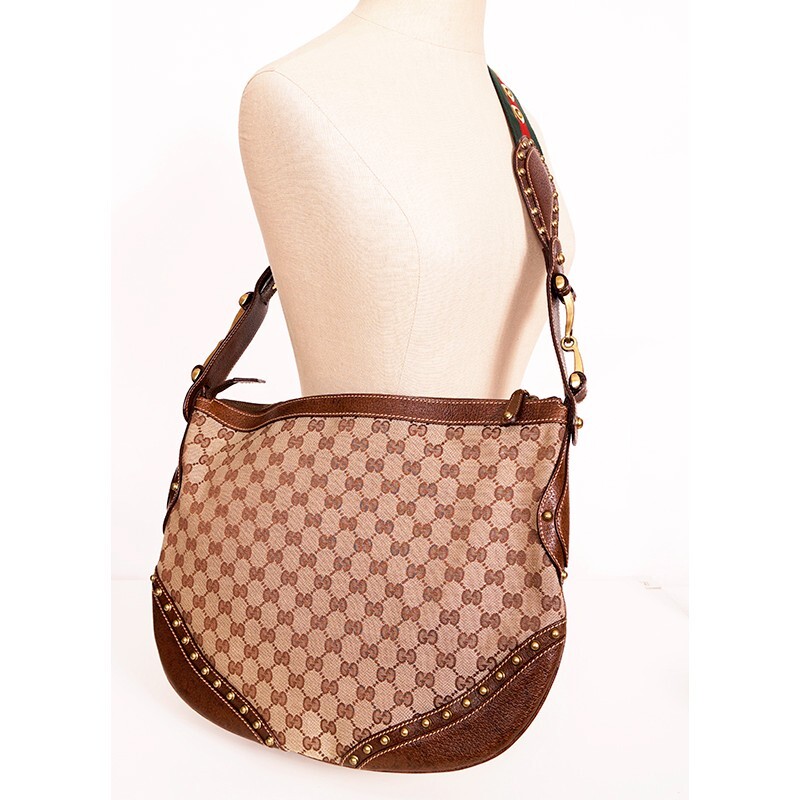 2005 VINTAGE GUCCI Brown GG Canvas Leather Pelham PRINT AD RUNWAY Messenger BAG