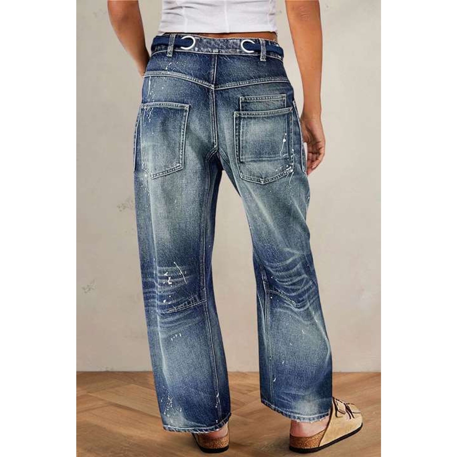 Flamingals Drawstring Grommet Eyelet Mid Waist Barrel Jeans