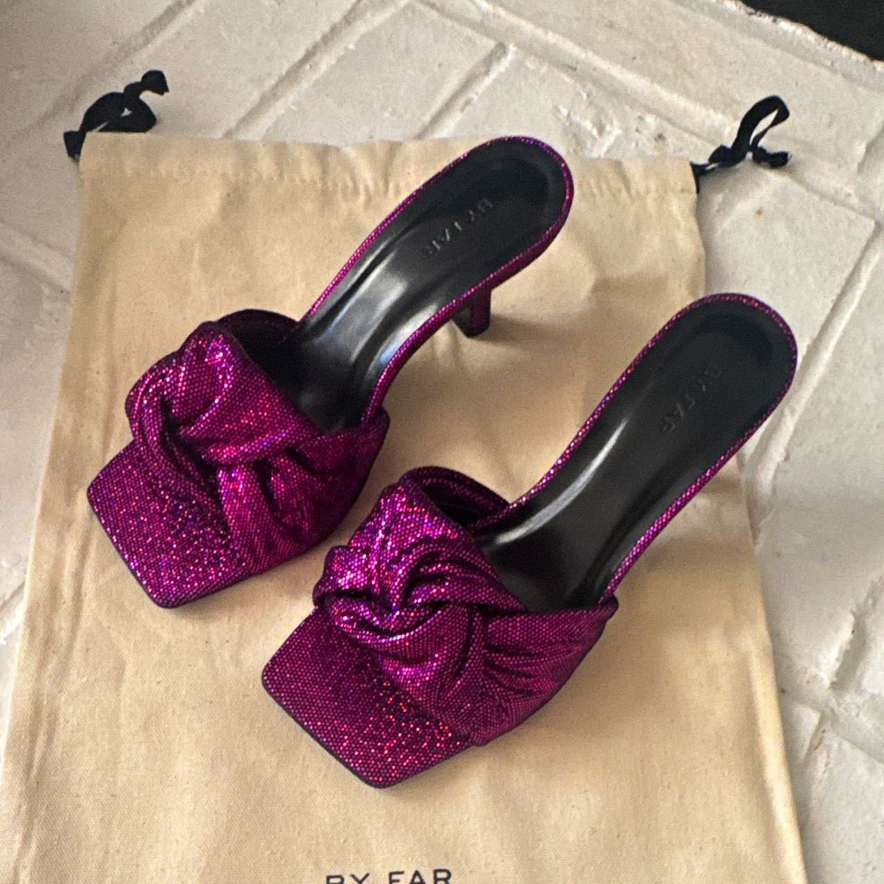 BY FAR Fuchsia Glitter Leather Square Toe Mule Slip-On Heels EU 37 US 7