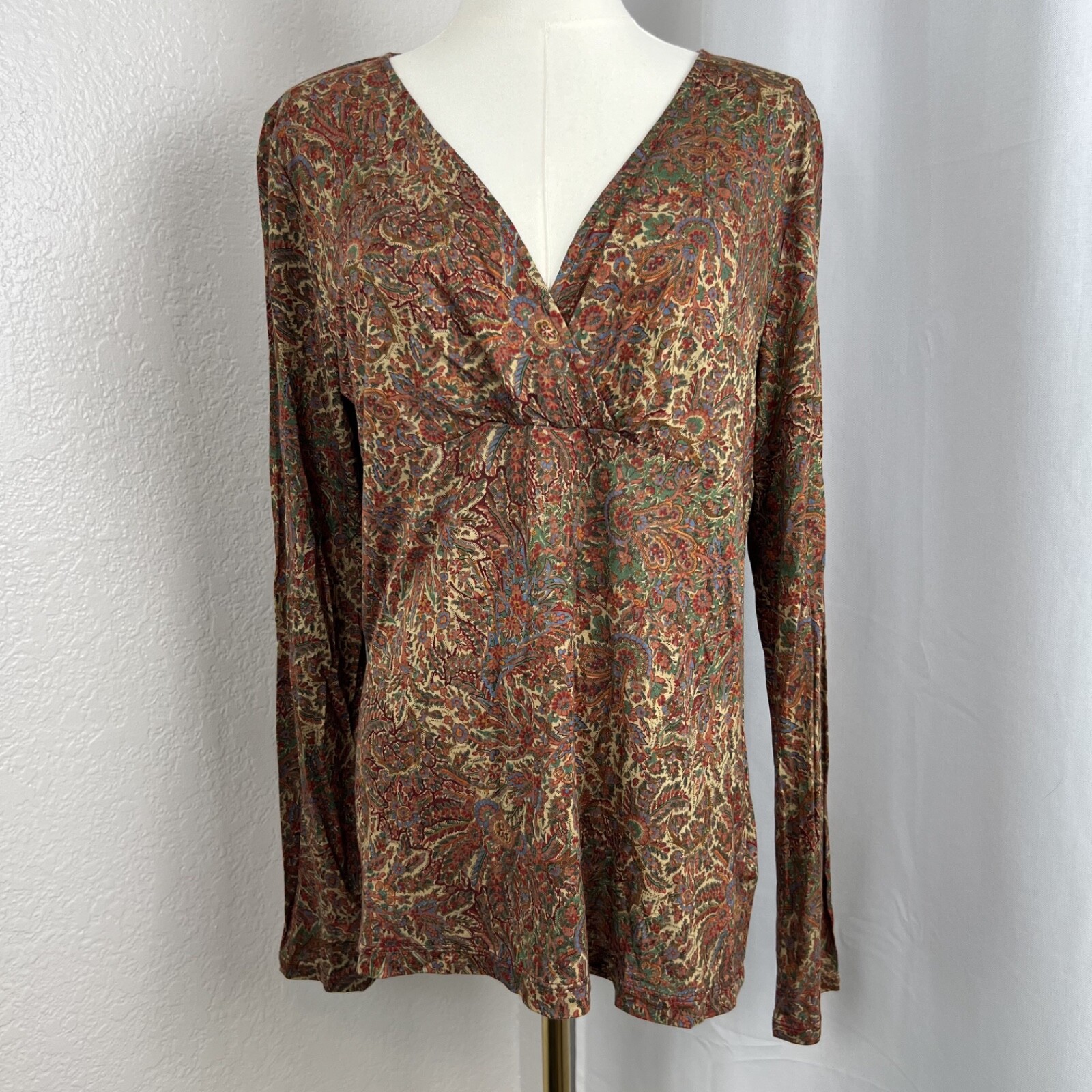 VTG Chaps Top Womens XL Paisley Babydoll Stretch Boho Retro 70s Whimsigoth Y2K