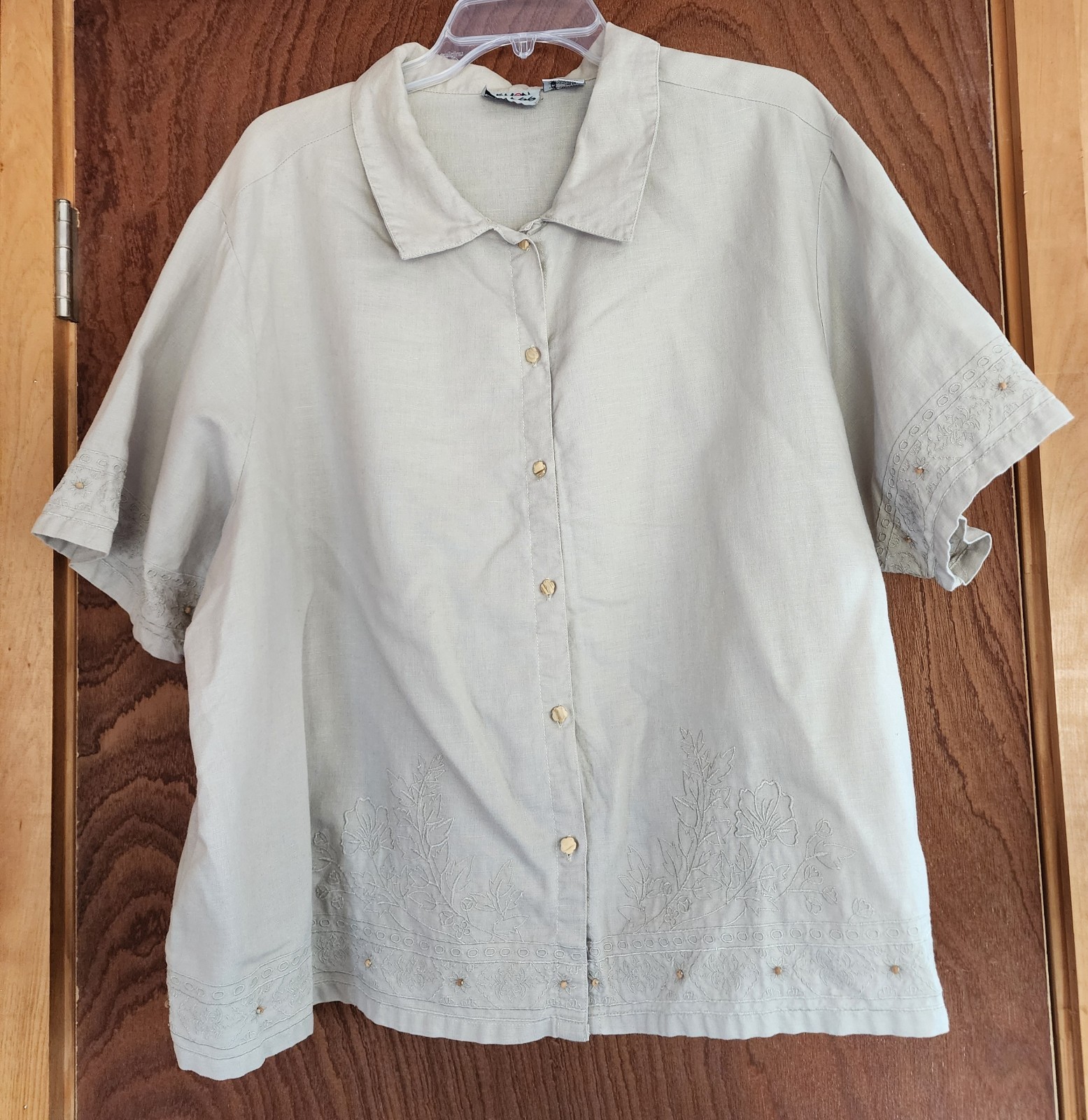 Lemon Grass Top Women Plus 3X Beige Linen Blend Beachy Resort Casual Embroidered