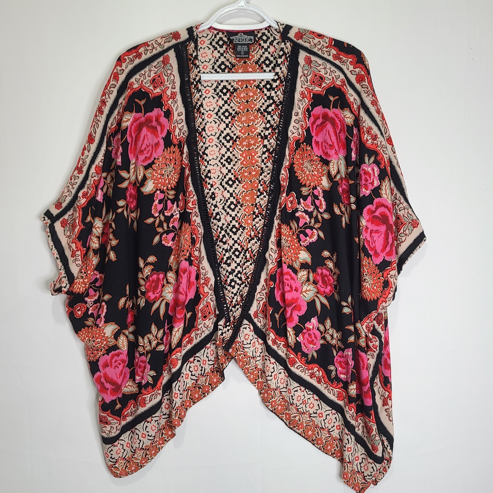 Vtg 90s Y2K Angie Colorful Lightweight Oversized Relaxed Shawl Roses Floral Lg