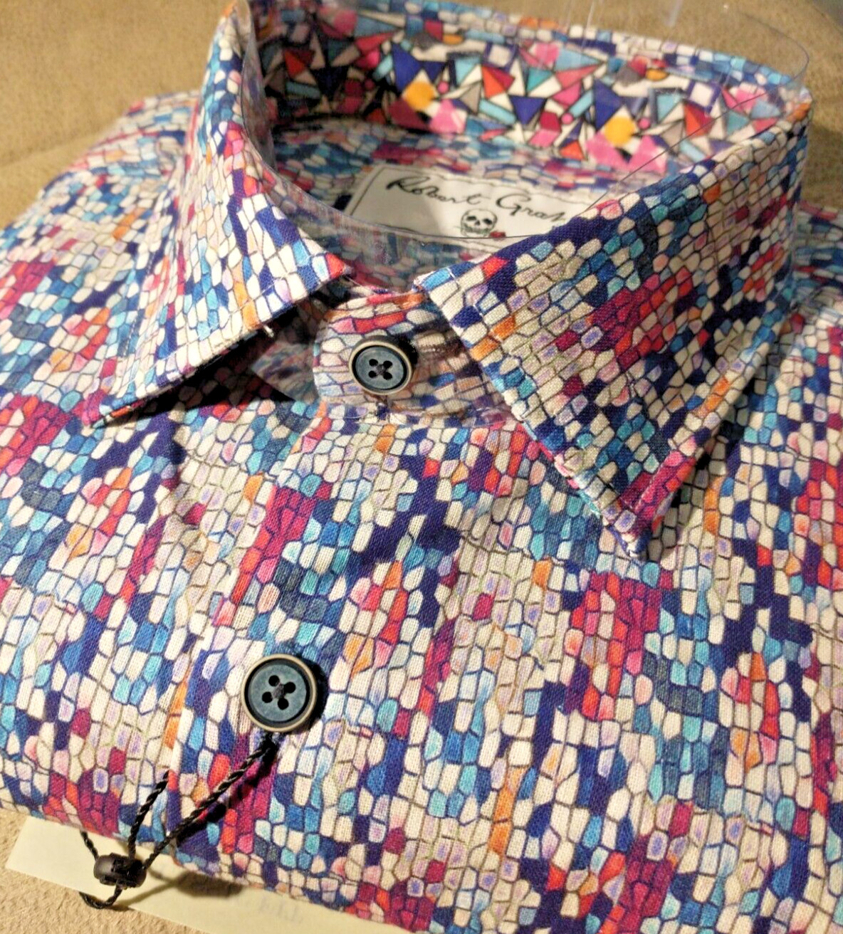 NWT Robert Graham men’s Size L Short Sleeve Button Down Geo/Checks Jacq Clas