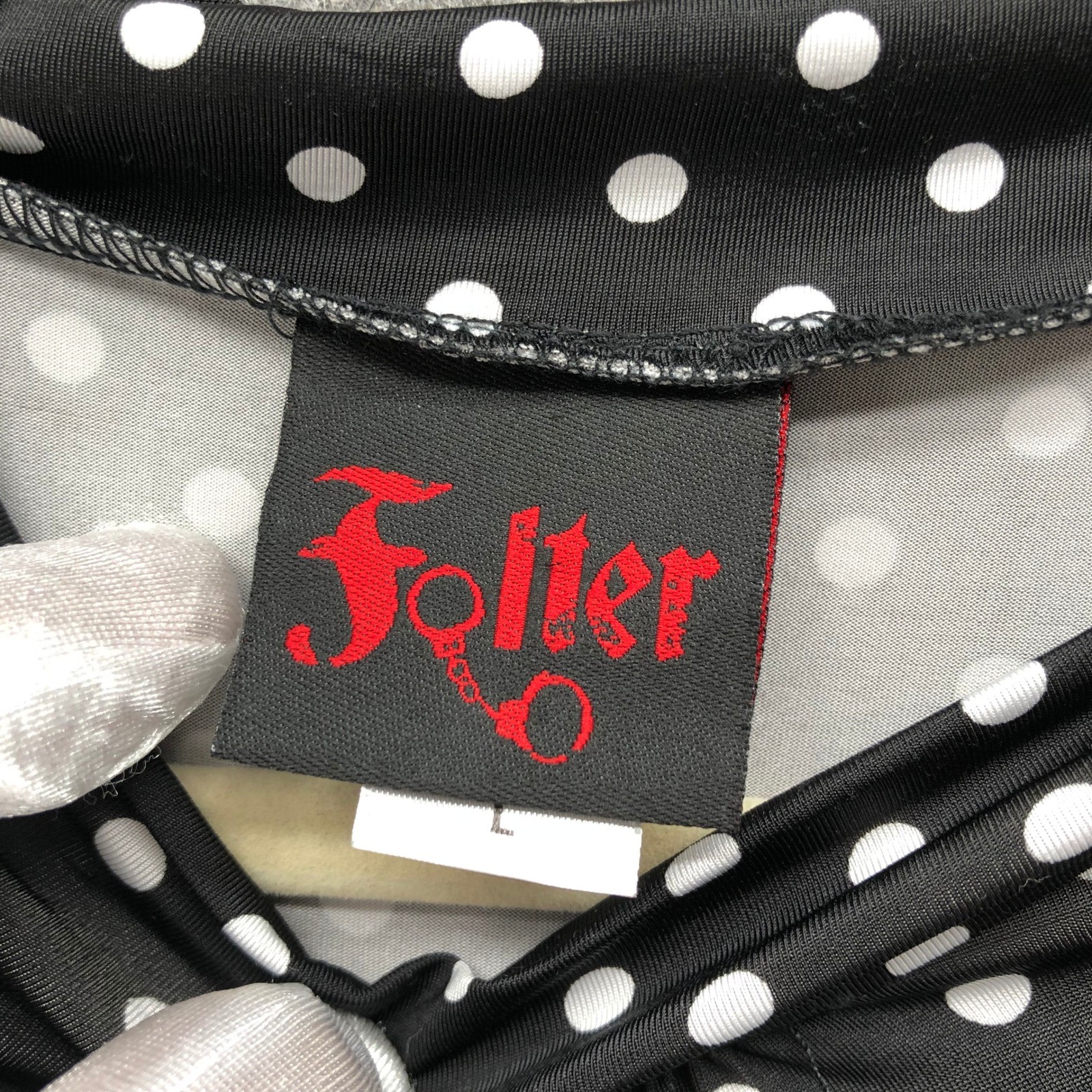Folter Polka Dot Tie Neck Dress L Black White Polka Dot Cap Sleeve Jersey Punk