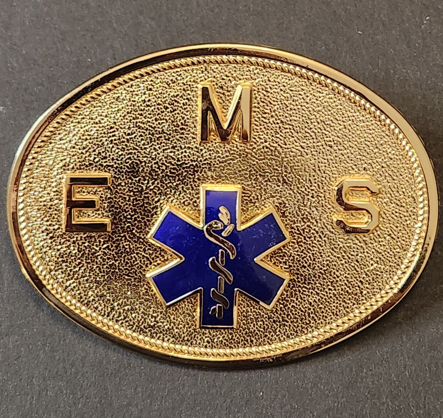 EMS Oval Belt Buckle With Blue Enamel Star Of Life 3.5 X 2.5 Inches