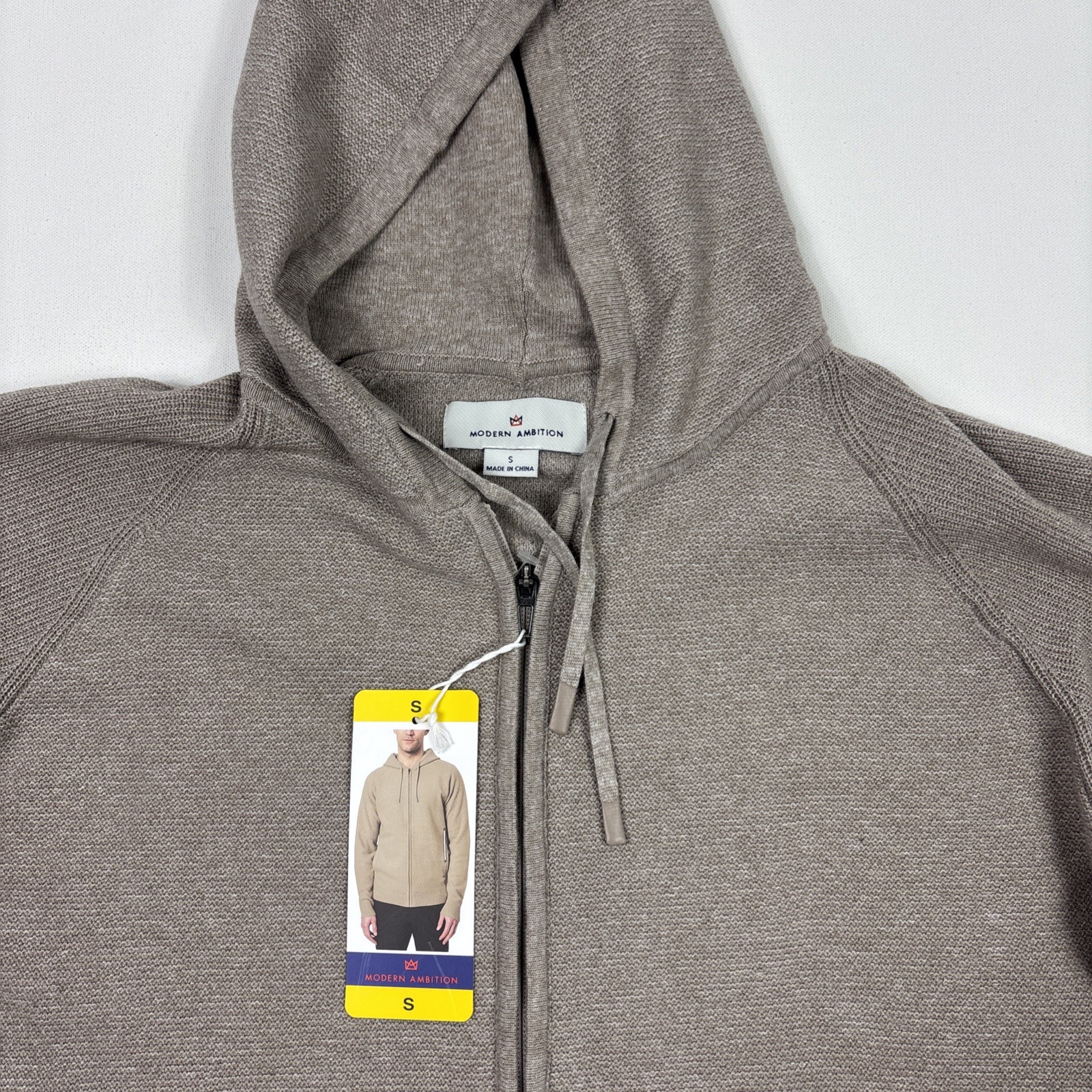 Modern Ambition Men’s Full Zip Hooded Sweater Recycled Knit Jacket Beige Small