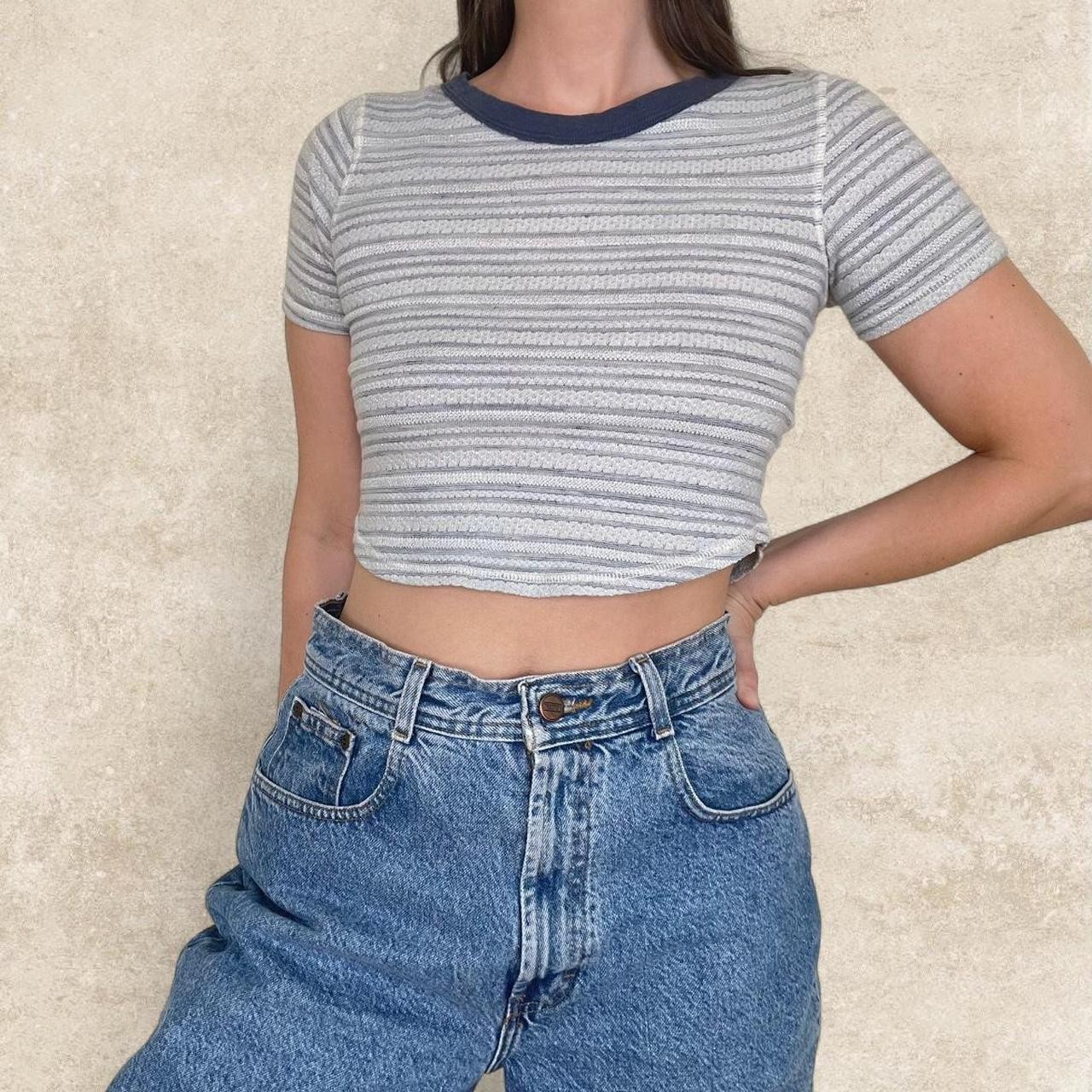 Free People Blue Knit Striped Crop Top Baby Tee Woven Granola Boho Size XS