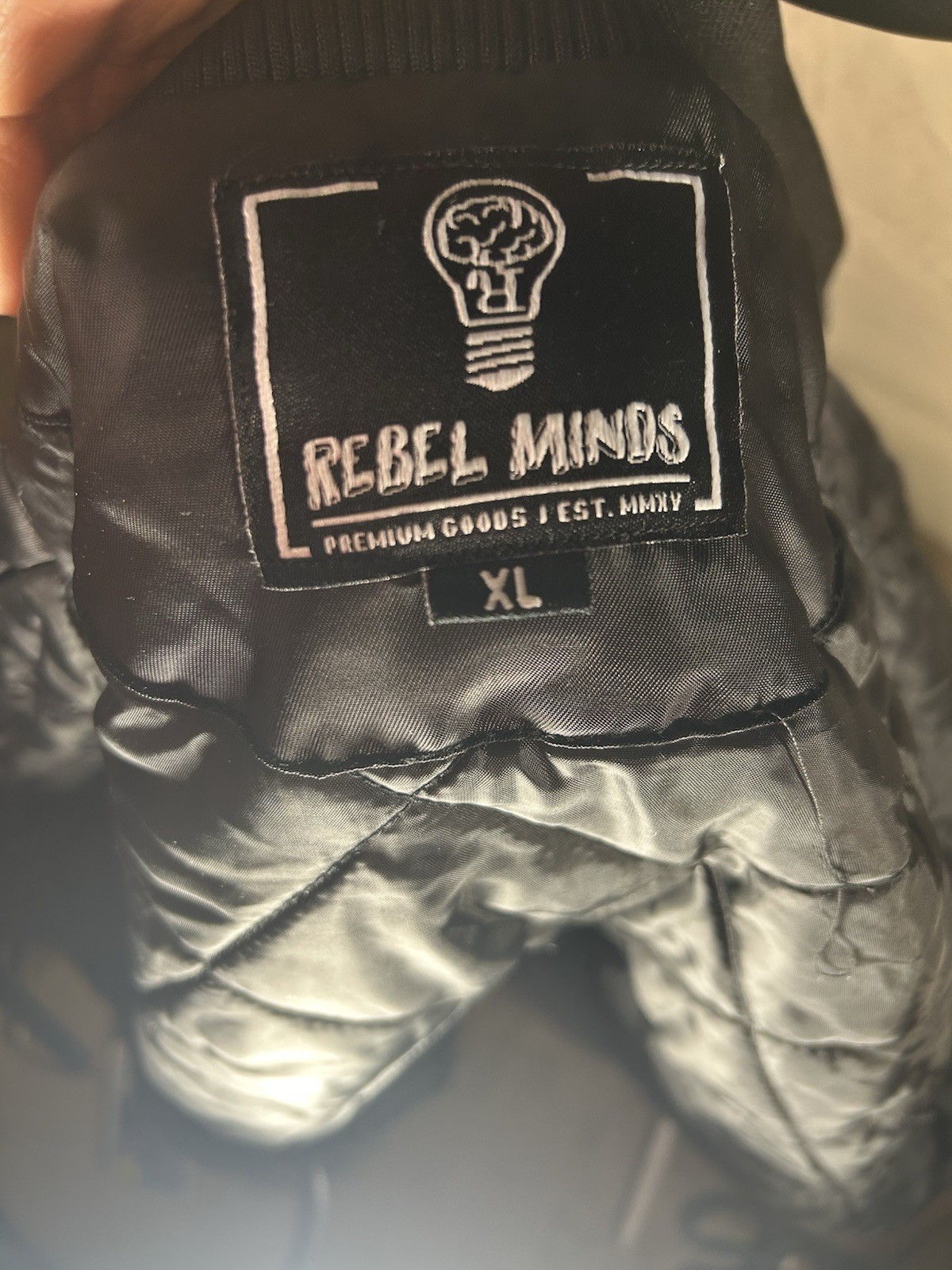 Rebel Minds Fly High Bomber Jacket Mens XL Black Satin Varsity Streetwear