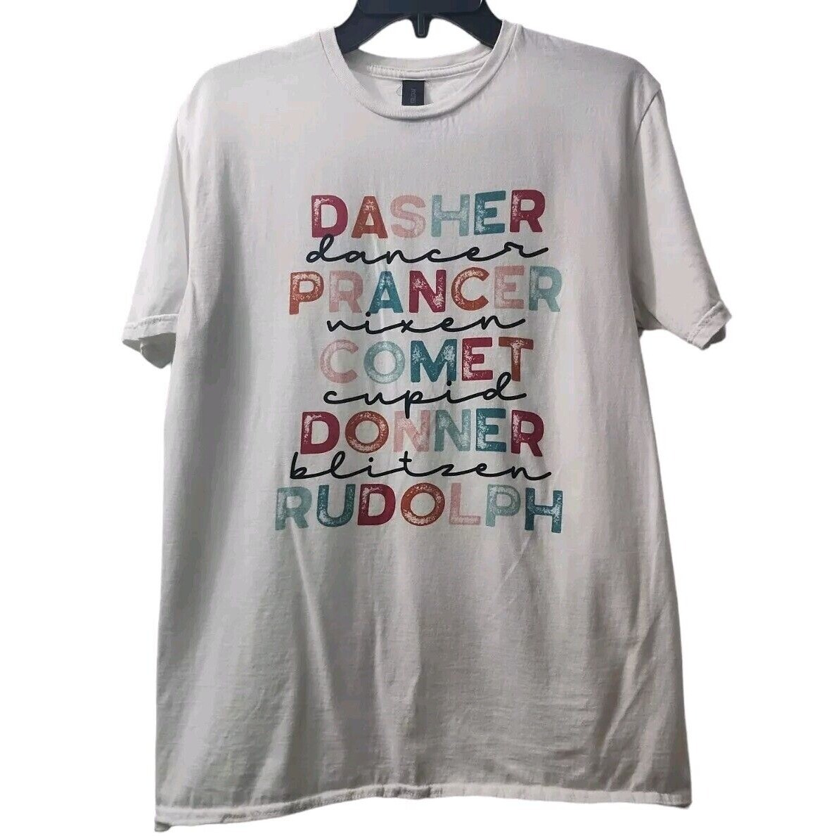 Gildan Christmas Reindeer Names Graphic Tee Holiday T-Shirt Size M