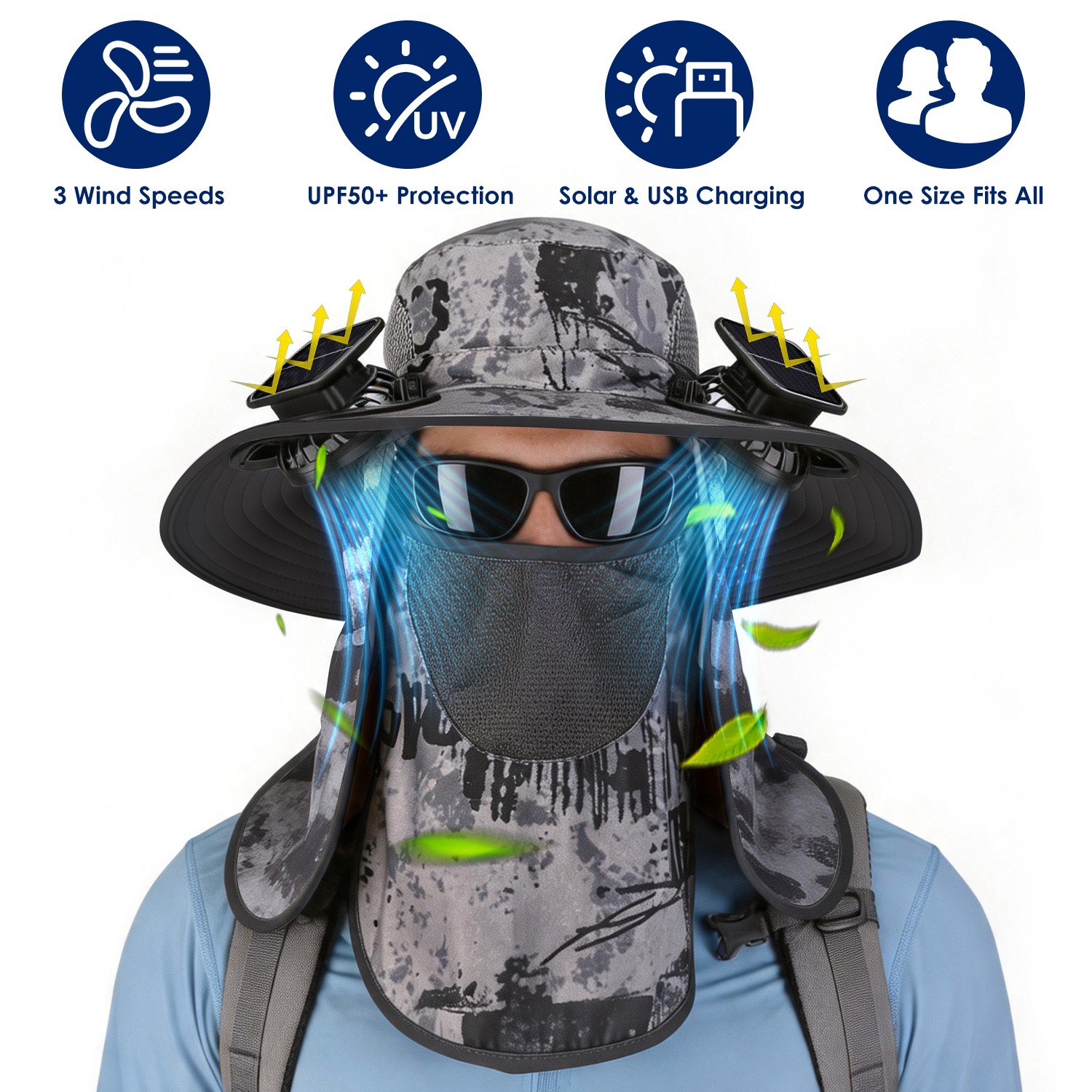 2 In1 Solar Fan Hat UPF50+ Sun Hat With Fans Wide Brim Fishing Hat w/ Face Cover