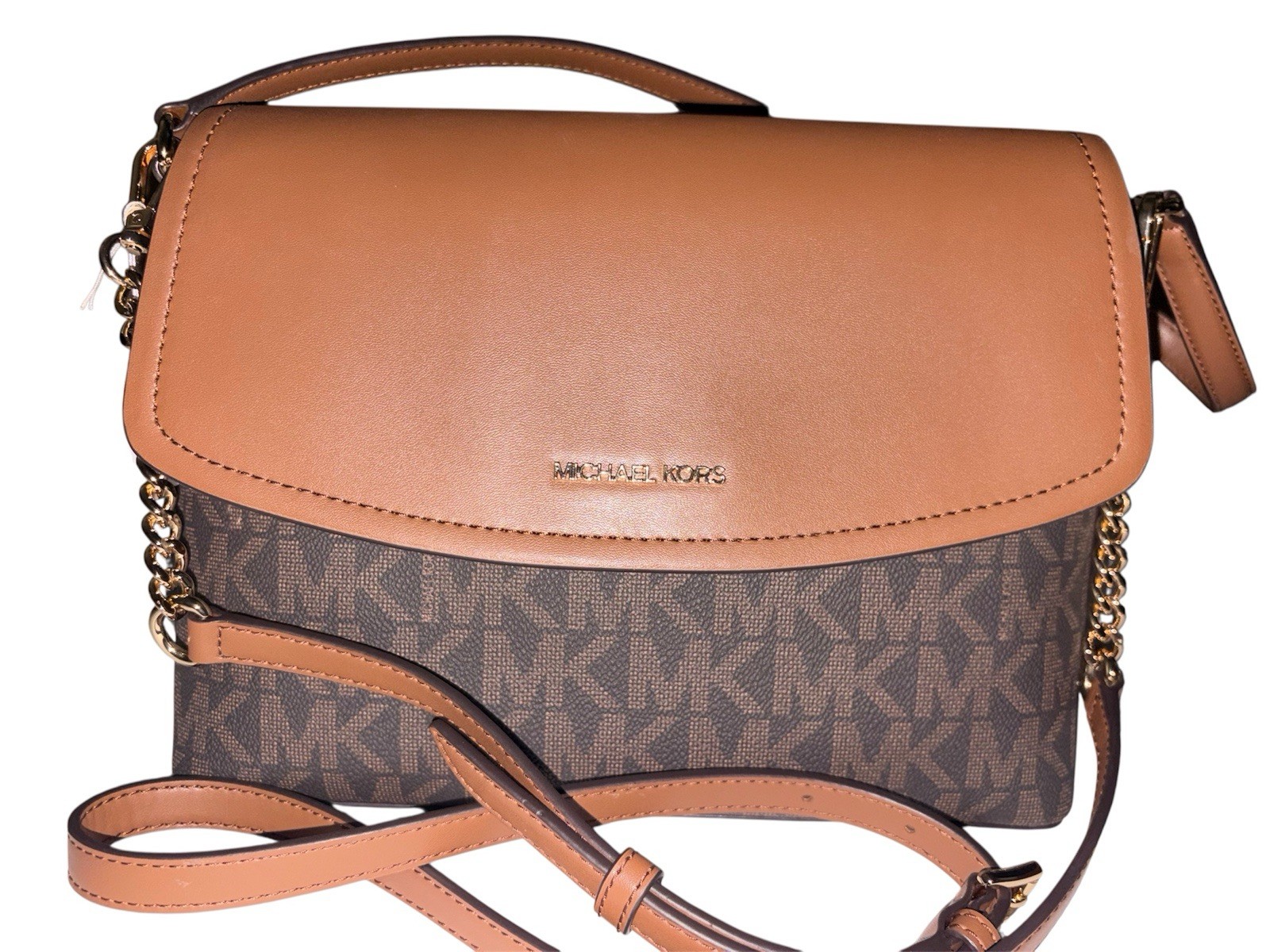 Michael Kors Brown/Tan Logo Crossbody Bag Top Handle Chain Strap Magnetic