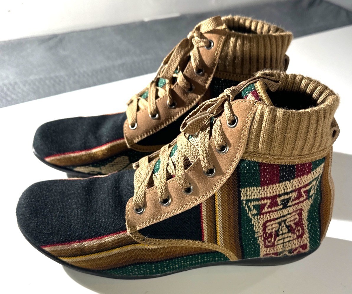 Handmade High-Top Sneakers With Knit Trim & Ethnic Woven Design