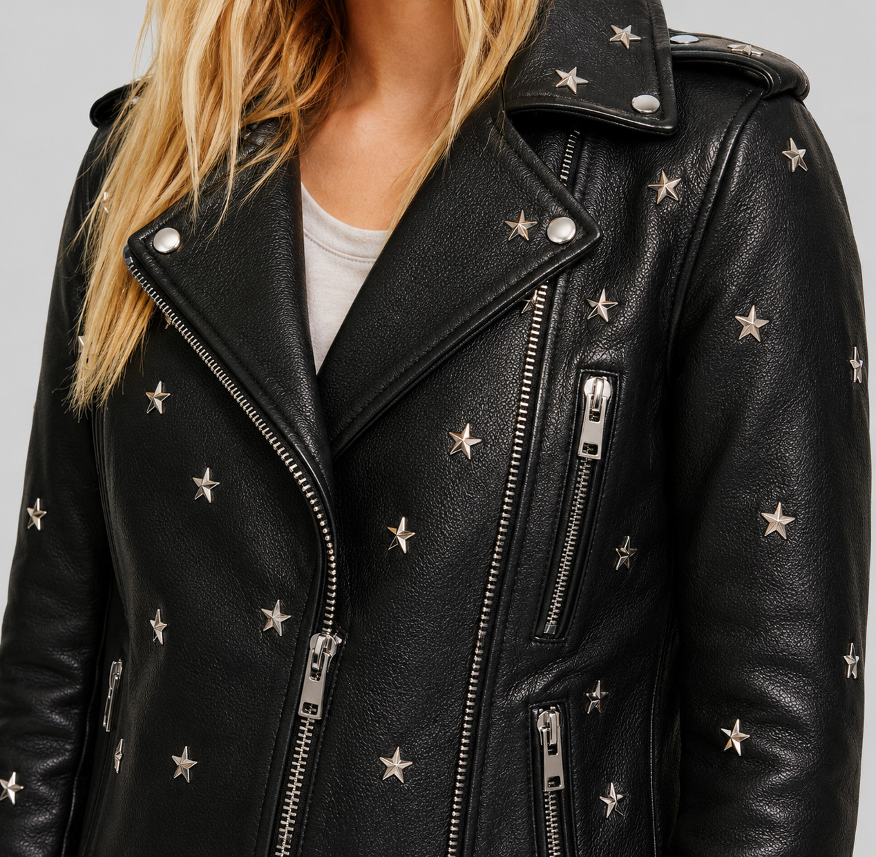 Women Handmade Black Leather Biker Jacket – Star Studded Moto Punk Rock Zip Coat
