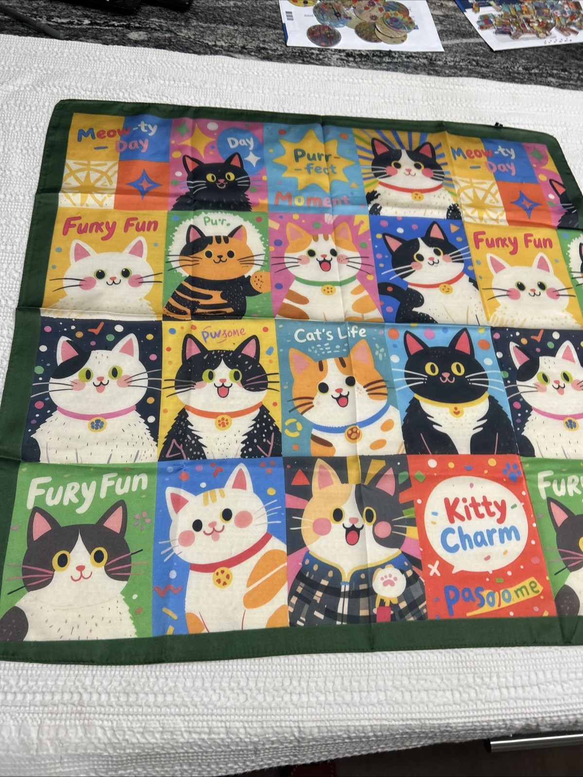 Colorful Cats Funky Fun 26” Square Scarf Floaty Green Border New Breeds Kitties
