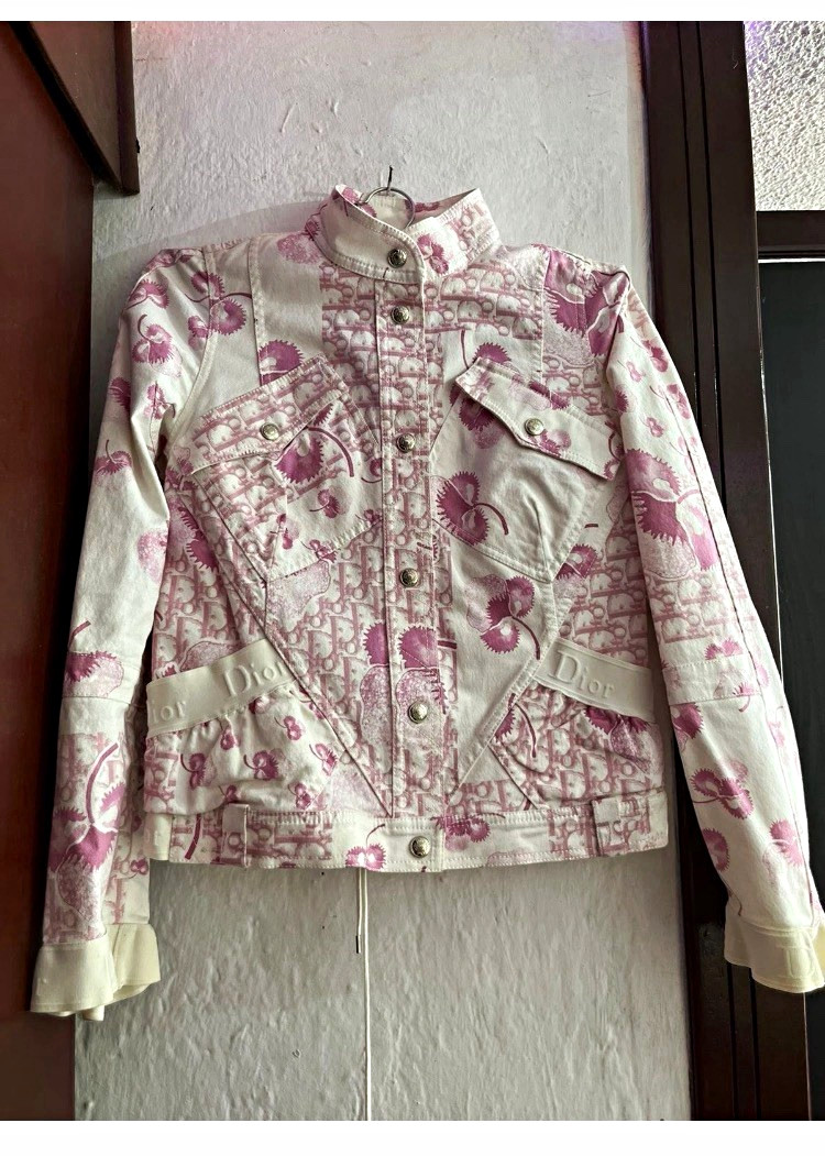 Dior Womens Pink & White Floral Logo Button Front Jacket w/ Pockets Size S
