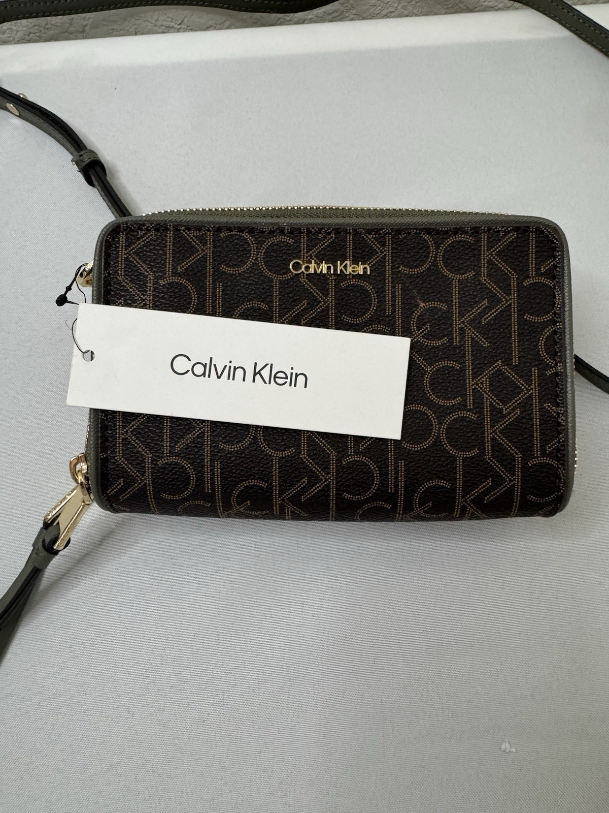 Calvin Klein Marybelle Signature Double Zip Organizational Crossbody bag Khaki