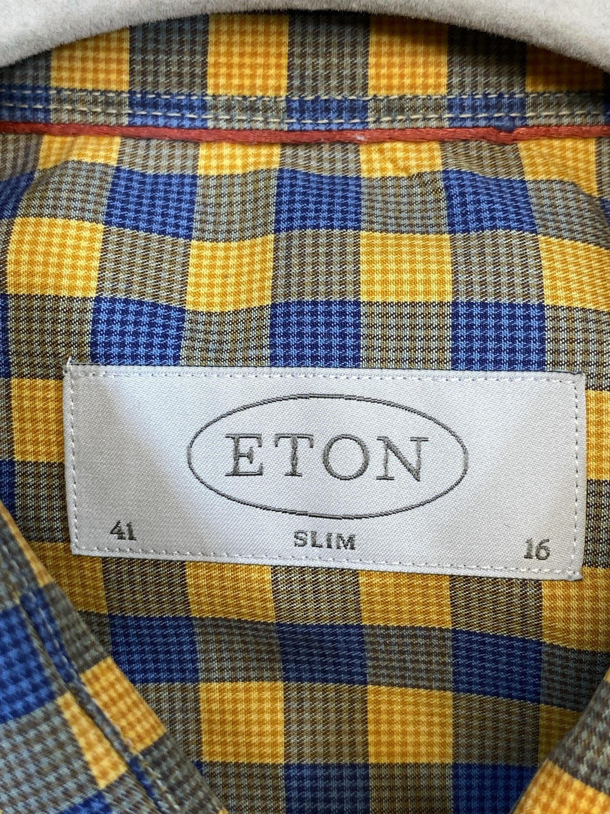 Eton Shirt Mens 16 41 Yellow Blue Gingham Slim Fit Dress 24.5 in Sleeve Cotton