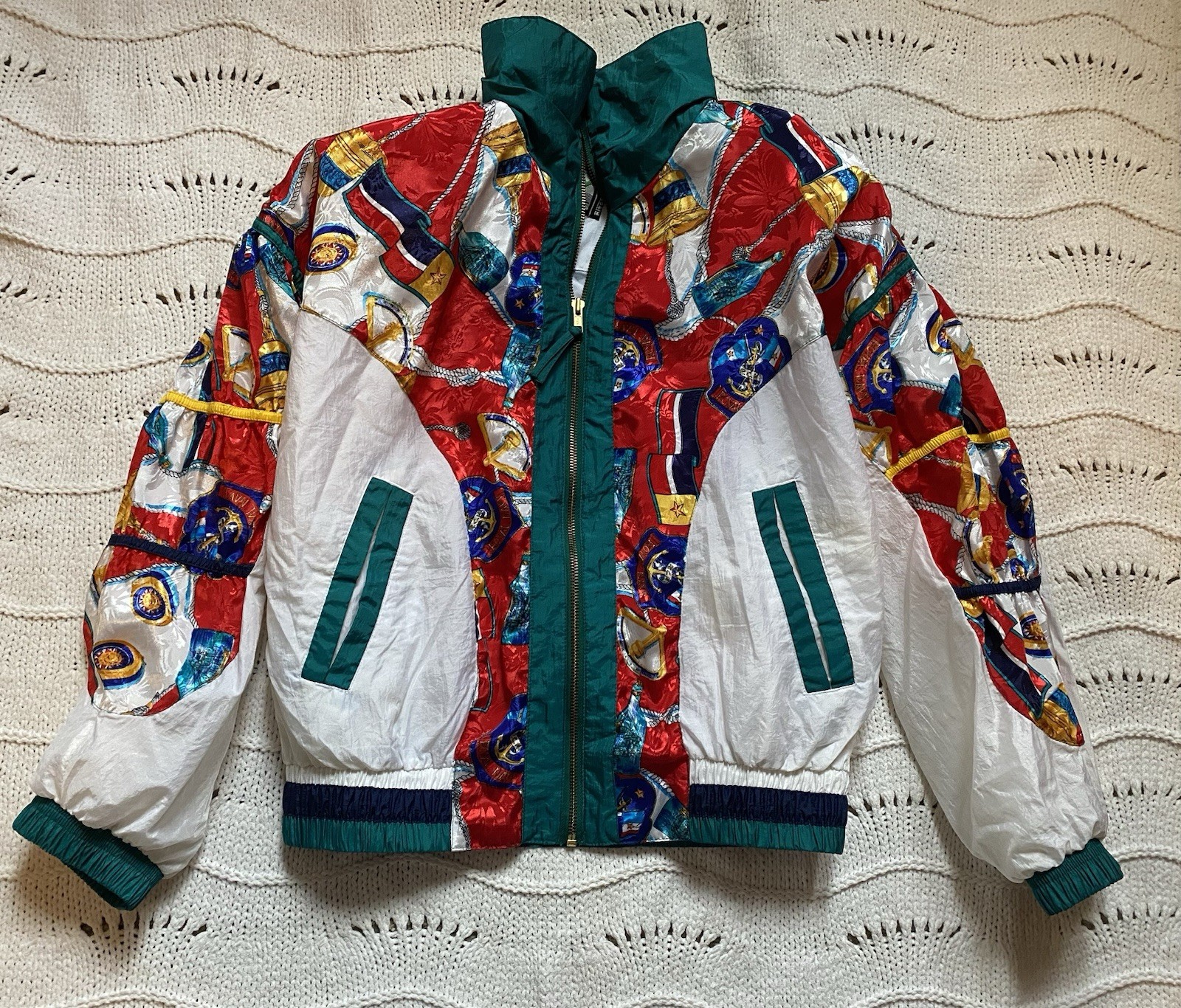 VTG RE Sport River Edge Nautical Track Jacket 1980s Zip Green White Retro Sz M