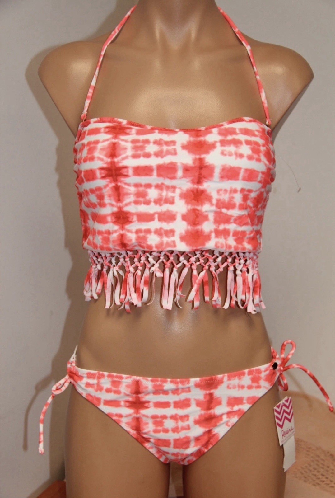 Raisins SWIM, Bikini Set, M, Coral/White Tie-Dye, Fringe Bandeau, Size: M, NWT