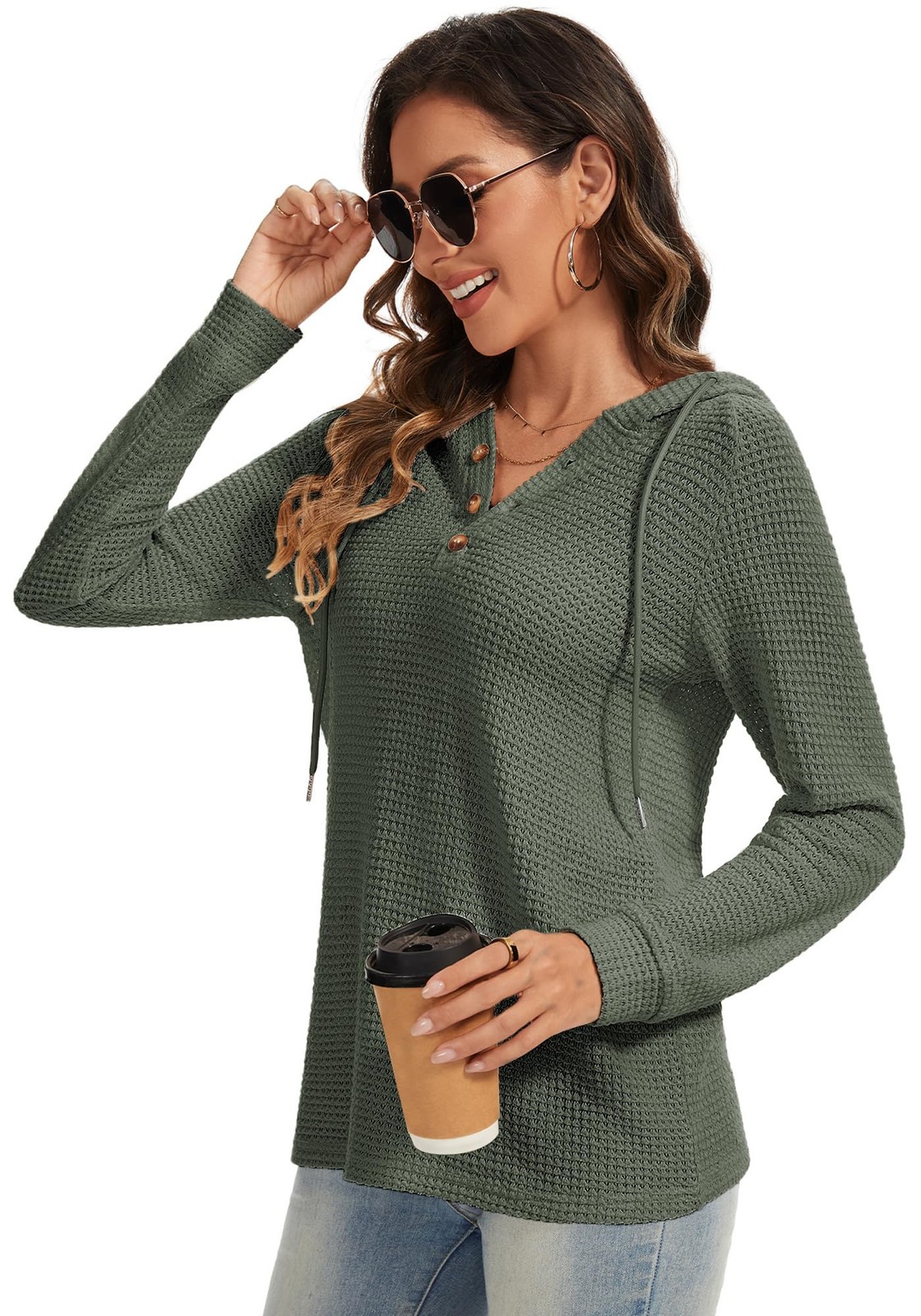 Dimur Waffles Knit Pullover Tops Christmas Drawstring Hoodie Medium, Green