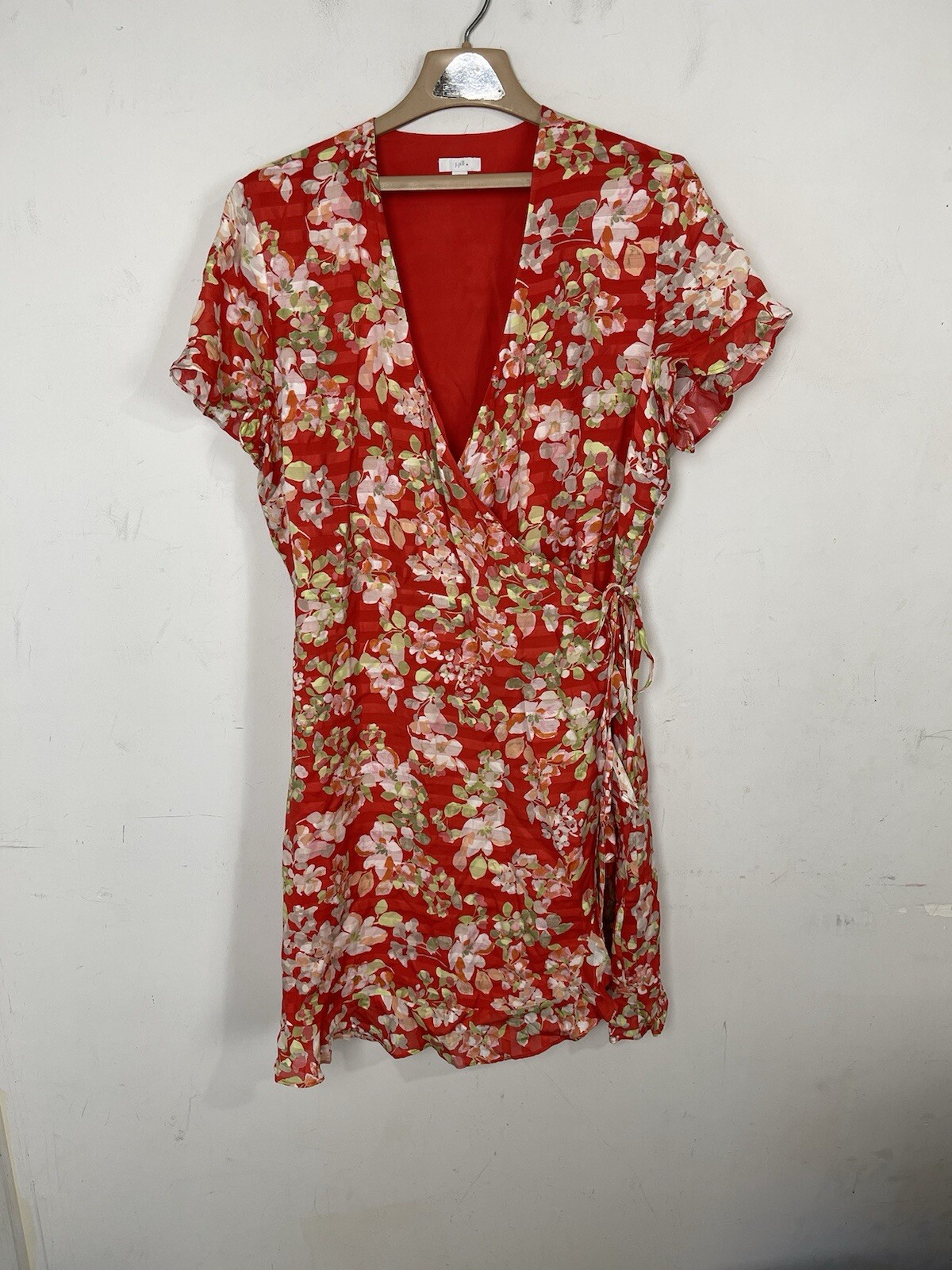 J Jill Women Dress Large Wrap Floral Summer Ruffle Romantic Garden Spring Orange
