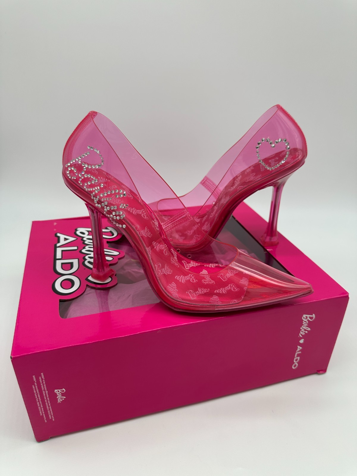 Barbie X Aldo Barbietessy Size 7 Pink PVC Crystal Logo Heels Pumps US NIB