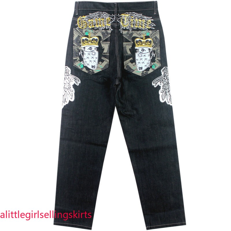 Mens Jeans Denim Embroidery Casual Pants Trousers Hip-Hop Relaxed Black W30-W46