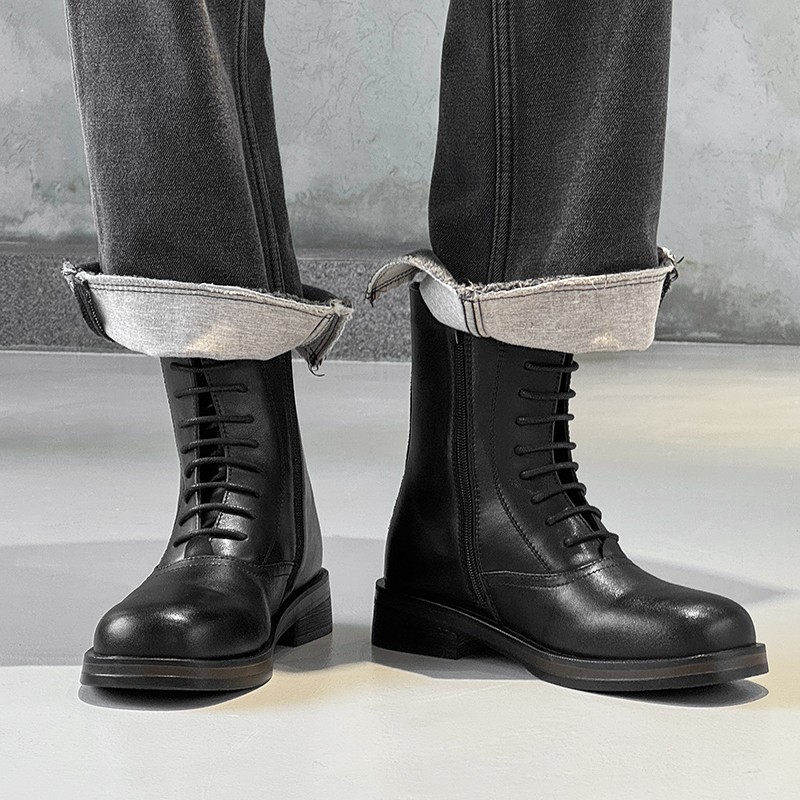 British Mid Calf Boots Men’s Lace Up High Top Business Leather Motorcycle Shoes